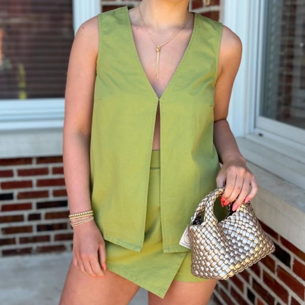 Green two piece open top set. worn once in New York and it was PERFECT!!!